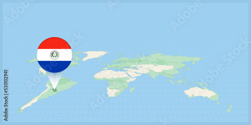 Location of Paraguay on the world map, marked with Paraguay flag pin.