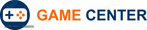 Game center, vector. Gamepad logo and inscription game center in orange and blue on a white background.