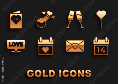 Set Calendar with heart, Balloons in form of, February 14, Envelope Valentine, Speech bubble text love, Glass champagne, Valentines day flyer and Bottle potion icon. Vector