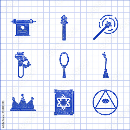 Set Magic hand mirror, Ancient magic book, Masons, Witches broom, Crown, Bottle with love potion, wand and scroll icon. Vector
