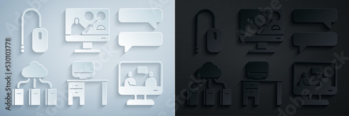 Set Computer monitor and desk, Speech bubble chat, Cloud online library, Online education, and mouse icon. Vector
