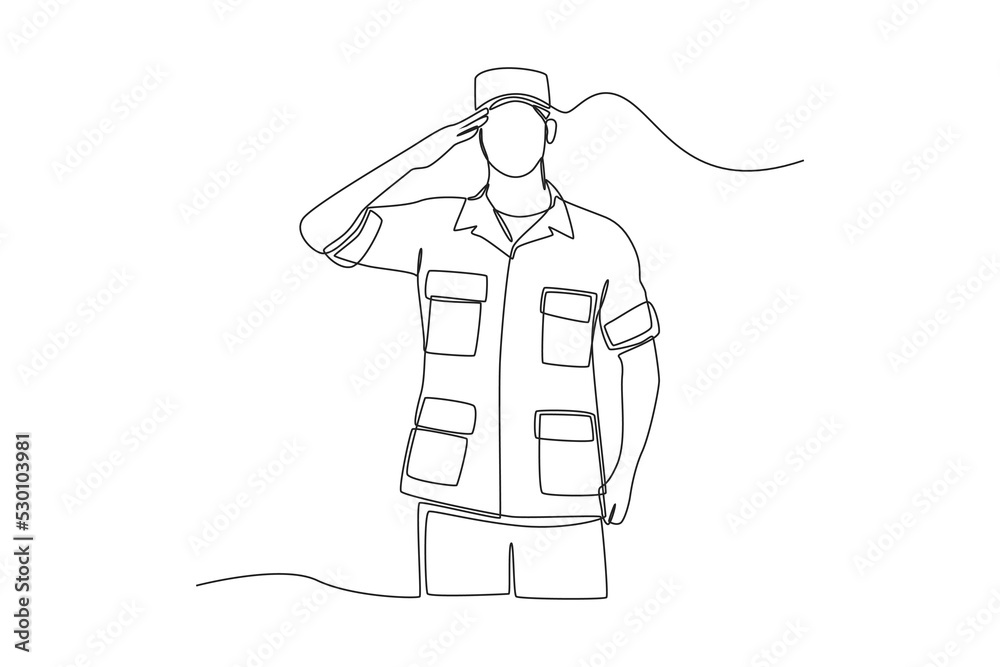 One continuous line drawing of male soldier in uniform saluting. Veterans day concept. Single line draw design vector graphic illustration. One continuous line drawing of male soldier in uniform saluting. Veterans day concept. Single line draw design vector graphic illustration.