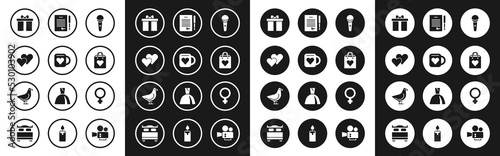 Set Microphone, Coffee cup and heart, Heart, Gift box, Shopping bag with, Marriage contract, Female gender symbol and Dove icon. Vector