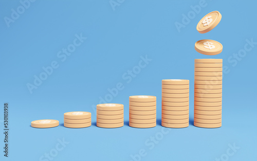 Minimal dollar coin stacks growth bar graph on isolated blue background, Market investment trading, golden coins tower, financial, index, forex, exchange, pile, saving money, 3D rendering.