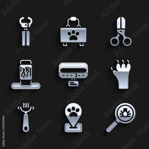 Set Collar with name tag, Location pet grooming, Flea search, Paw print, Hair brush for dog and, Cat scratching post, Scissors hairdresser and Pet nail clippers icon. Vector