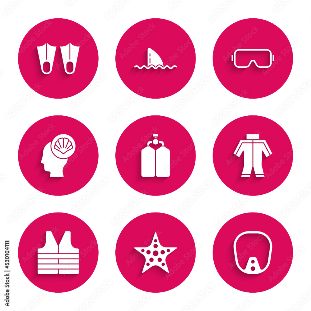 Set Aqualung, Starfish, Diving mask, Wetsuit, Life jacket, Scallop sea shell, and Rubber flippers icon. Vector