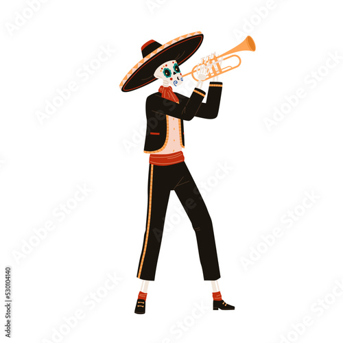 Mexican skeleton in sombrero hat playing music on trumpet. Man in Mariachi character costume for El Dia de los Muertos, Day of Dead holiday. Flat vector illustration isolated on white background