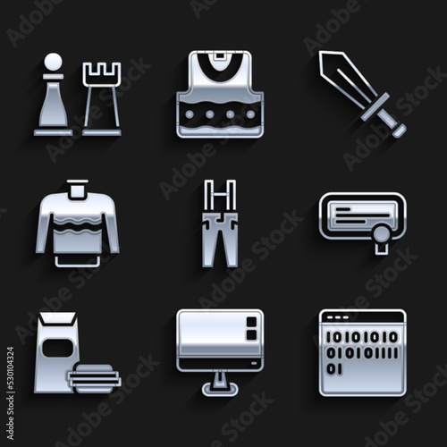 Set Pants with suspenders, Computer monitor screen, Binary code, Certificate template, Burger, Sweater, Sword for game and Chess icon. Vector