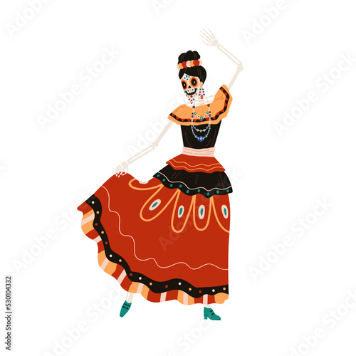 Catrina, Mexican skeleton in dress for Dia de los Muertos, Day of Dead holiday. Katrina Calavera Garbancera, Mexico woman dancing flamenco. Flat vector illustration isolated on white background