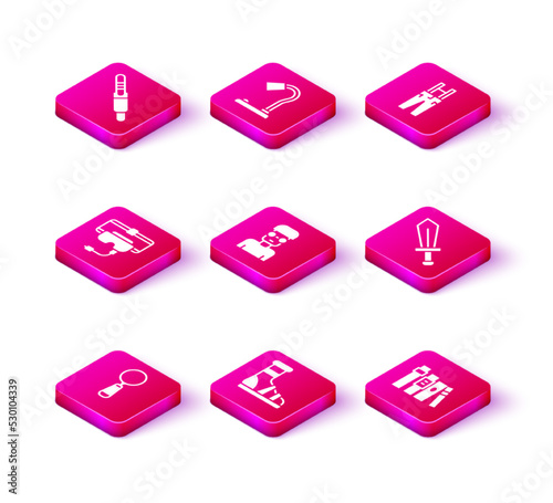 Set Magnifying glass, Slippers with socks, Virtual reality glasses, Nerd geek, Book, Sword for game, Pants suspenders and Table lamp icon. Vector