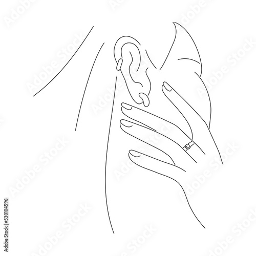 Woman line portrait with jewelry elements. Linear girl face with earrings. Minimal hand drawn art. Vector illustration isolated on white.