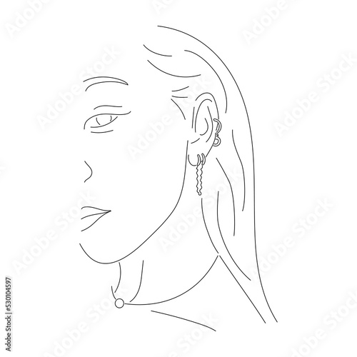 Woman line portrait with jewelry elements. Linear girl face with earrings. Minimal hand drawn art. Vector illustration isolated on white.