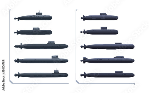 Submarine set. Navy submarine set isolated on a white background. Nuclear attack submarine