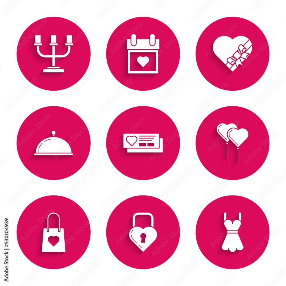Set Ticket with heart, Castle in the shape of, Woman dress, Balloons form ribbon, Shopping bag, Covered tray food, Candy shaped box and bow and Candlestick icon. Vector Set Ticket with heart, Castle in the shape of, Woman dress, Balloons form ribbon, Shopping bag, Covered tray food, Candy shaped box and bow and Candlestick icon. Vector