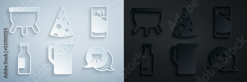 Set Milk jug or pitcher, Glass with milk, Bottle, Udder, Cheese and icon. Vector