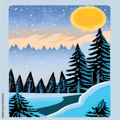 Winter mountain landscape with wooden house, chalet, snow, illuminated mountain peaks, hill, forest, river, fir trees, illuminated windows, sunset, dawn. Vector flat illustration. © Павел Кишиков