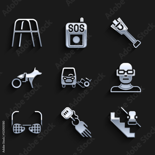 Set Disabled car, Prosthesis hand, elevator, Poor eyesight, Blind glasses, Dog wheelchair, leg and Walker icon. Vector