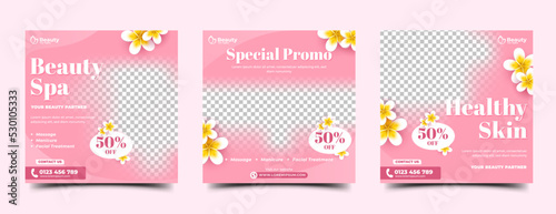 Beauty and spa social media post template design collection. Pink background color with plumeria flower decoration. Usable for social media post, and web ad