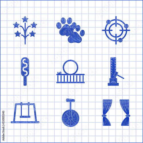 Set Roller coaster, Unicycle or one wheel bicycle, Curtain, High striker attraction with big hammer, Swing, Corn dog, Target sport for shooting competition and Fireworks icon. Vector