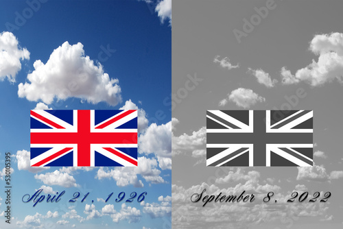 2 flags of the united kingdom, one for the birth in full color and one gray for the death of queen elizabeth ii, with sky in the background copy space, september 8 photo