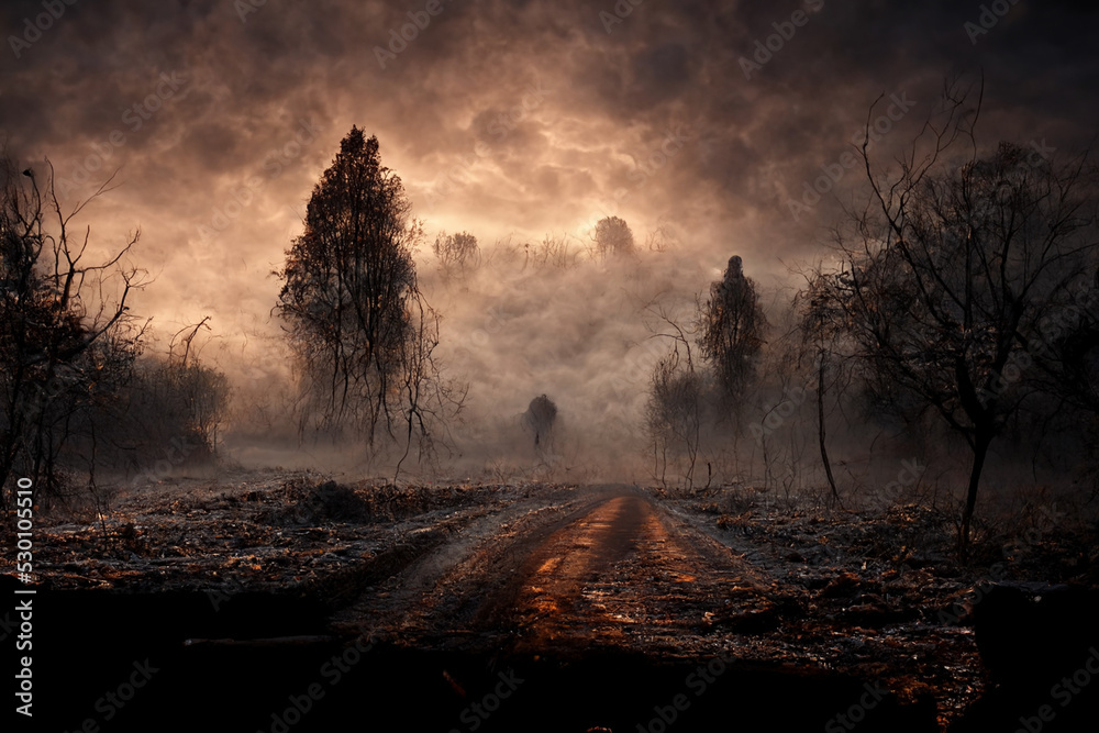 Frozen trees in the fog. Horror halloween background.Digital art - obrazy, fototapety, plakaty 