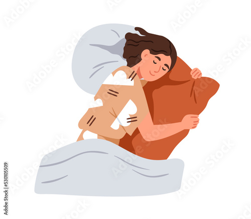 Person sleeping, lying in bed, top view. Happy girl asleep on soft pillows. Young woman sleeper dreaming, reposing, relaxing under blanket. Flat vector illustration isolated on white background photo