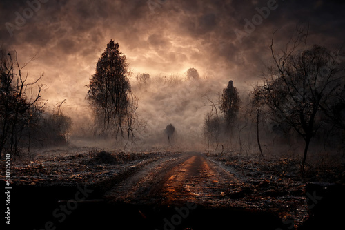 Fotografie Frozen trees in the fog. Horror halloween background.Digital art