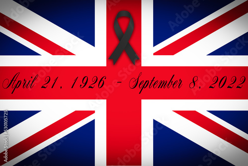 Fototapeta united kingdom flag with mourning ribbon and date of birth and death of queen el