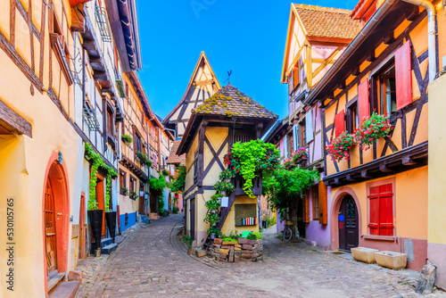 Eguisheim, France. Colorful half-timbered houses in Alsace.