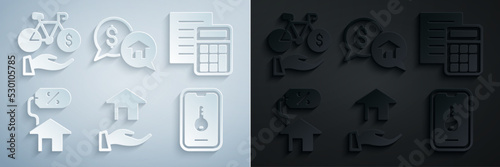 Set Realtor, Calculator, House with percant, Online real estate, Price negotiation and Bicycle rental mobile app icon. Vector
