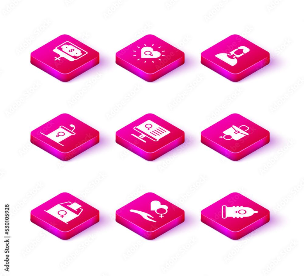 Set Female vote right, Heart with female gender, Debate podium rostrum, Dating app, Condom, Work for, and Feminism icon. Vector Set Female vote right, Heart with female gender, Debate podium rostrum, Dating app, Condom, Work for, and Feminism icon. Vector