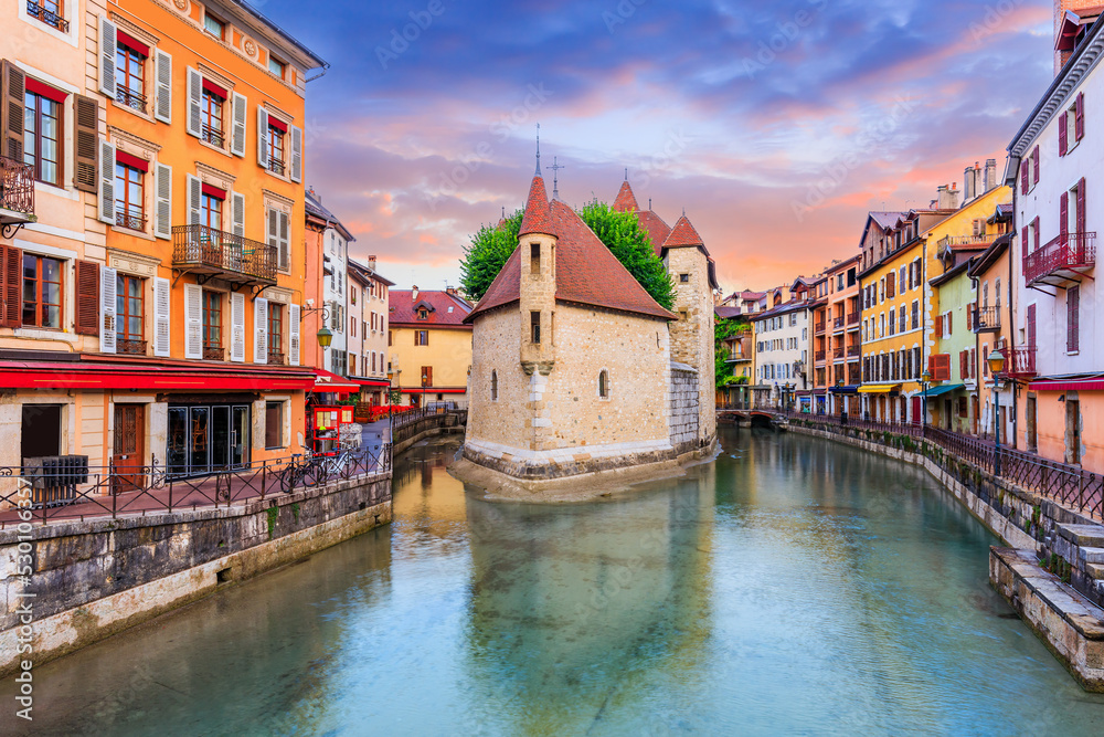 Annecy, Haute Savoie, France. The castle on an island (Palais de l'Isle) and Thiou river. Annecy, Haute Savoie, France. The castle on an island (Palais de l'Isle) and Thiou river.