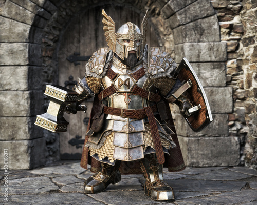 The mighty dwarf stands ready for battle to defend his homeland. 3d rendering. photo