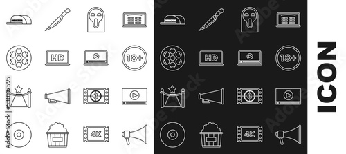 Set line Megaphone, Online play video, Under 18 years, Funny and scary ghost mask, Laptop screen with HD technology, Film reel, Cap inscription director and icon. Vector