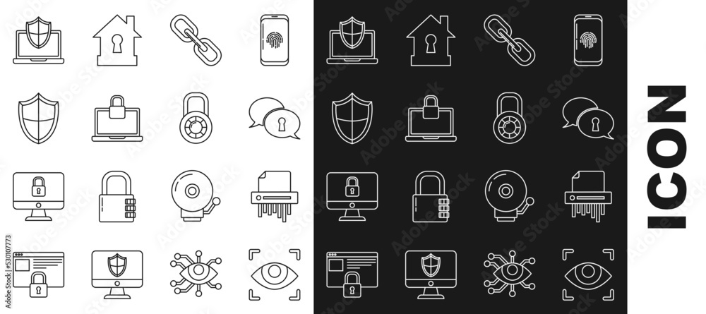 Set line Eye scan, Paper shredder confidential, Protection of personal data, Chain link, Laptop and lock, Shield, protected with shield and Safe combination wheel icon. Vector Set line Eye scan, Paper shredder confidential, Protection of personal data, Chain link, Laptop and lock, Shield, protected with shield and Safe combination wheel icon. Vector