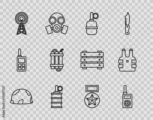 Set line Military helmet, Walkie talkie, Hand grenade, Radar, Detonate dynamite bomb stick, reward medal and Bulletproof vest for protection from bullets icon. Vector photo