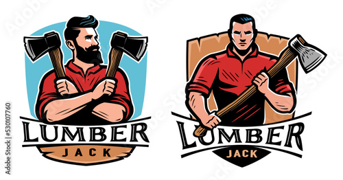Lumberjack with ax design emblem and mascot. Woodwork, wood industry label. Color vector illustration