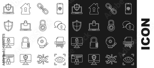 Set line Eye scan, Paper shredder confidential, Protection of personal data, Chain link, Laptop and lock, Shield, protected with shield and Safe combination wheel icon. Vector