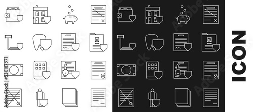 Set line Document, Confirmed document and check mark, with shield, Piggy bank coin, Tooth, Judge gavel, Wallet money and Contract icon. Vector