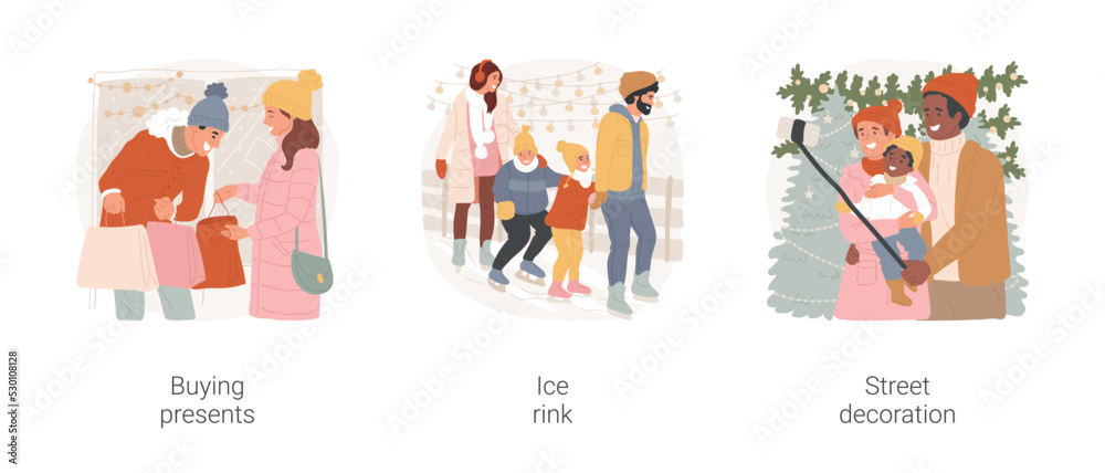 Christmas time isolated cartoon vector illustration set. Happy couple buying Christmas gifts on market, family skating at ice rink, having fun together, xmas street decoration vector cartoon.