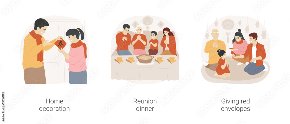 Chinese New Year isolated cartoon vector illustration set. Handmade home decoration, diverse family having dinner, giving red envelopes as presents, Chinese New Year celebration vector cartoon.