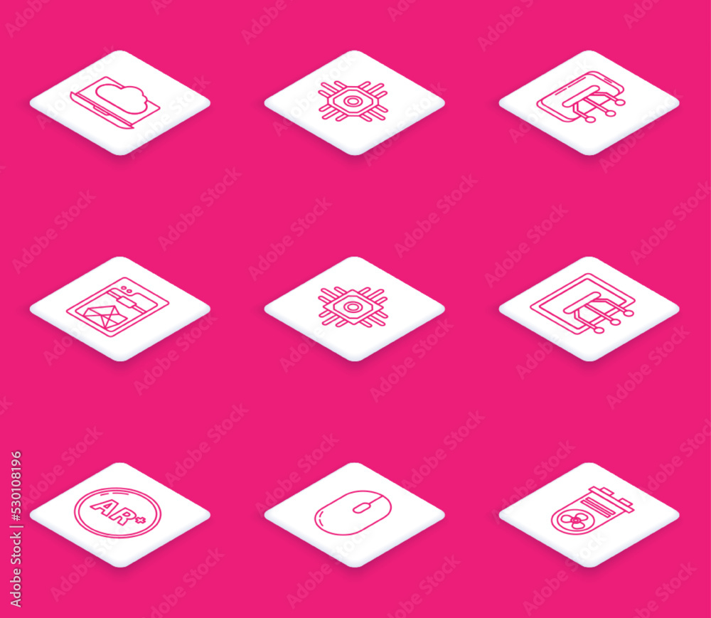 Set line Cloud technology data transfer and storage, Processor, Smartphone, mobile phone, 3D printer, Tablet, Ar, augmented reality and Computer mouse icon. Vector Set line Cloud technology data transfer and storage, Processor, Smartphone, mobile phone, 3D printer, Tablet, Ar, augmented reality and Computer mouse icon. Vector