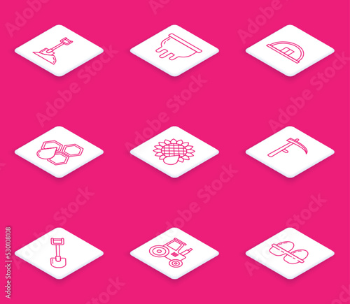 Set line Shovel in the ground, Udder, Hangar, Honeycomb, Sunflower, Scythe, and Tractor icon. Vector
