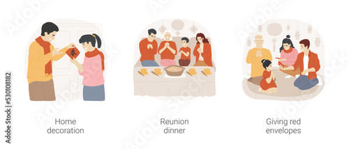Chinese New Year isolated cartoon vector illustration set. Handmade home decoration, diverse family having dinner, giving red envelopes as presents, Chinese New Year celebration vector cartoon.