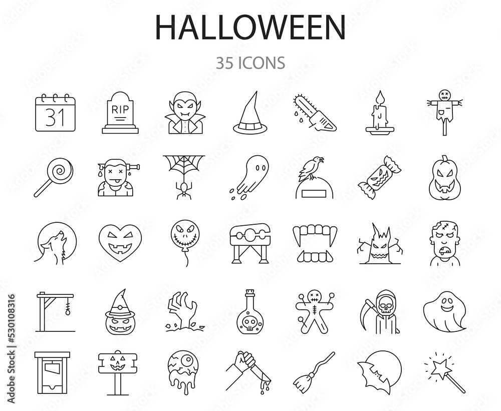 set of 35 halloween icons. outline thin line icons. Collection of perfectly thin icons for web design, app, poster, flyer and modern projects