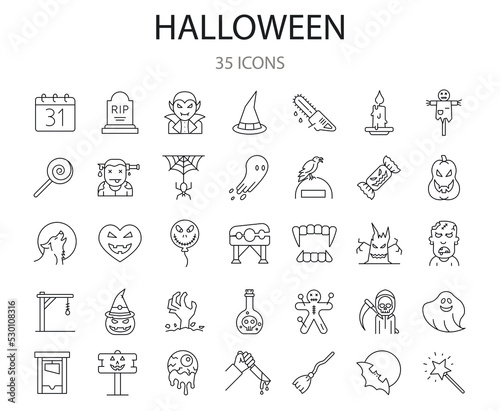 set of 35 halloween icons. outline thin line icons. Collection of perfectly thin icons for web design  app  poster  flyer and modern projects