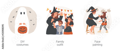 Halloween costumes isolated cartoon vector illustration set. Kid wearing DIY ghost costume, family Halloween outfit, dressed like skeletons and witches, face painting, spooky makeup vector cartoon.