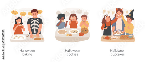 Halloween pastry isolated cartoon vector illustration set. Happy family baking for autumn holiday, kids have fun with traditional halloween cookies, preparing spooky cupcakes vector cartoon.