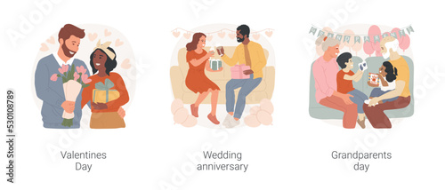 Family celebrations isolated cartoon vector illustration set. Valentines Day, wedding anniversary, grandparents day, happy diverse couple, sharing gifts, love and happiness vector cartoon.