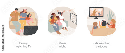 TV night isolated cartoon vector illustration set. Family watching TV, sitting on a sofa, movie night, spending leisure time together, kids watching cartoons, home entertainment vector cartoon.